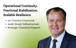 The Success Series graphic from Imperial. Michael, in a navy suit, accompanies the headline "Operational Continuity. Fractional Stabilization. Scalable Resilience." Listed topics: 20+ Entities Connected, Audit-Ready Infrastructure, Strategic Transition Support.