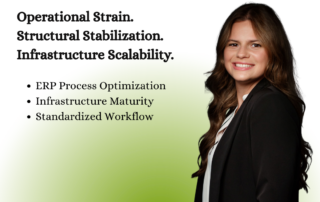 The Success Series graphic from Imperial. Isabella, in a black blazer, accompanies the headline "Operational Strain. Structural Stabilization. Infrastructure Scalability." Listed topics: ERP Process Optimization, Infrastructure Maturity, Standardized Workflow.