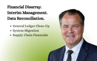 Marketing graphic for Imperial's Success Series highlighting financial disarray, interim management, and data reconciliation solutions with a professional headshot of Michael.