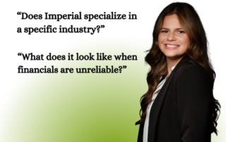 Marketing graphic for Imperial Q&A series featuring text questions about industry specialization and unreliable financials alongside a professional headshot.