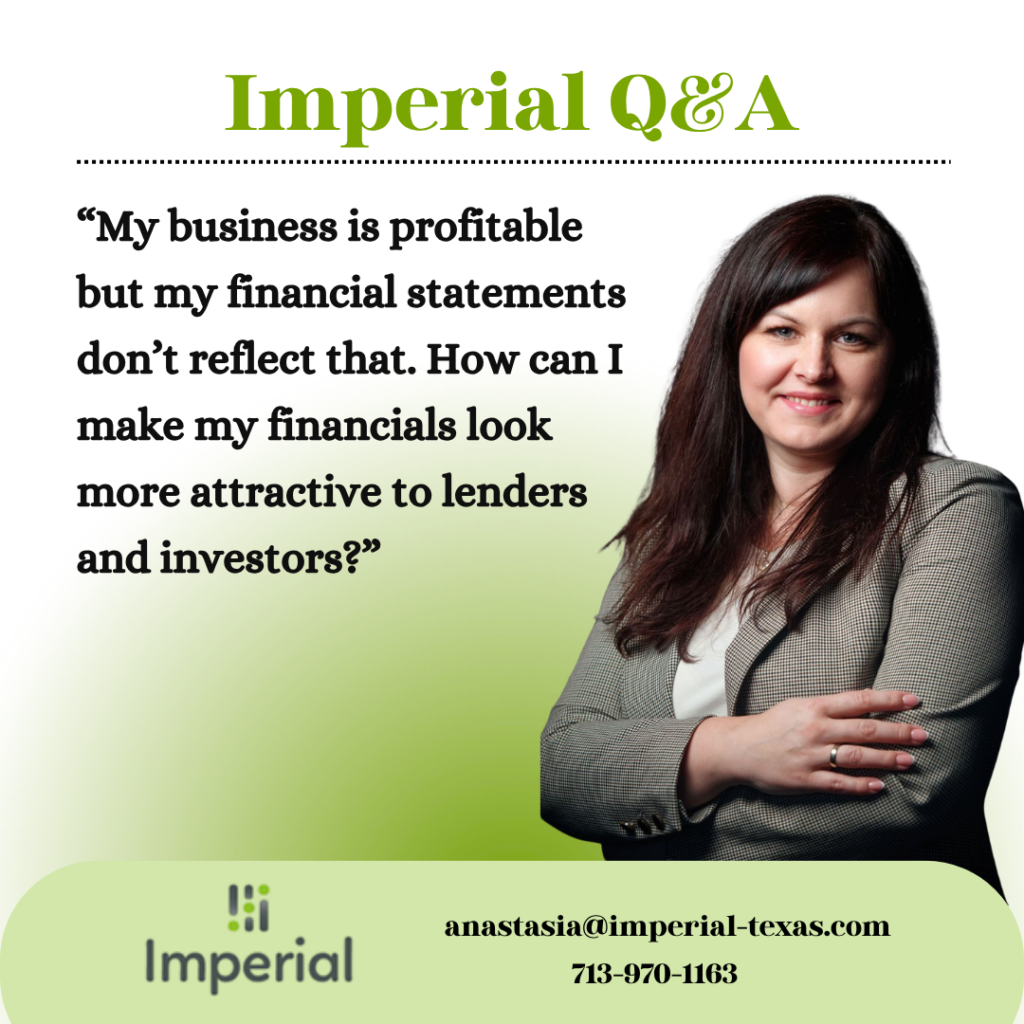 Marketing graphic for Imperial Q&A series featuring a text question about making profitable financial statements attractive to lenders alongside a professional headshot.