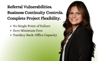 Marketing graphic from Imperial titled "THE SUCCESS SERIES". It features text reading: "Referral Vulnerabilities. Business Continuity Controls. Complete Project Flexibility," followed by three bullet points: "No Single Point of Failure," "Zero Minimum Fees," and "Turnkey Back-Office Capacity." The right side shows a professional headshot of a smiling woman with long brown hair in a black blazer against a green gradient background. The bottom banner displays the Imperial logo with the contact email isabella@imperial-texas.com and phone number 713-970-1163.