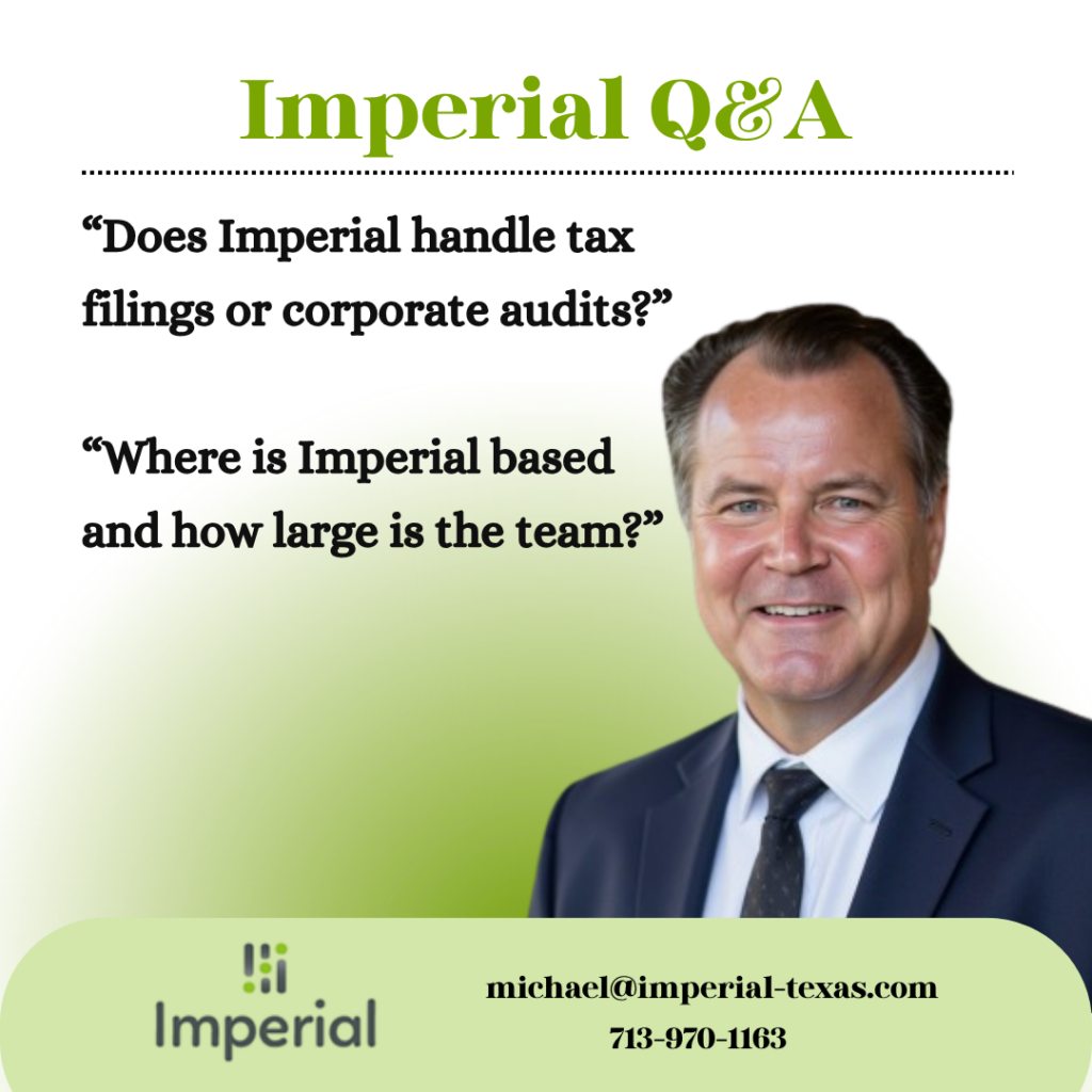 Imperial Q&A graphic featuring Michael Grant alongside questions about whether Imperial handles tax filings or audits, and details on company location and team size.