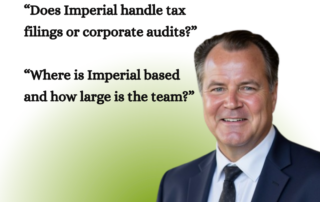 Imperial Q&A graphic featuring Michael Grant alongside questions about whether Imperial handles tax filings or audits, and details on company location and team size.