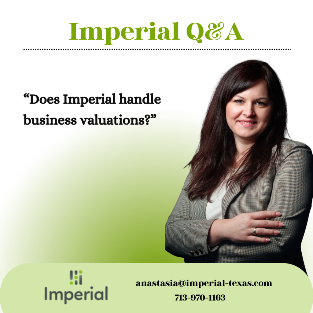 Imperial Q&A graphic featuring Anastasia alongside the question: Does Imperial handle business valuations?