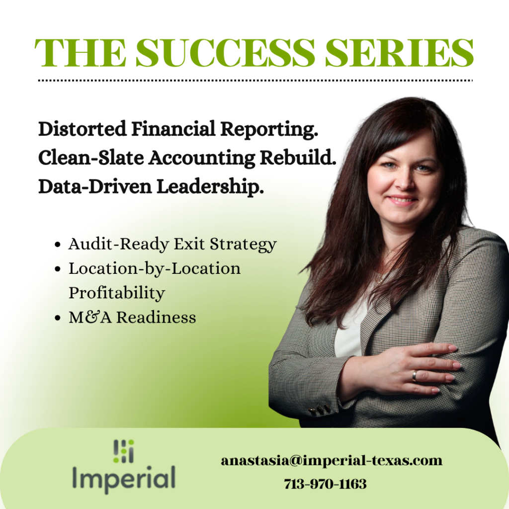 Imperial Success Series graphic highlighting multi-location accounting rebuilds and M&A exit readiness, featuring Anastasia.