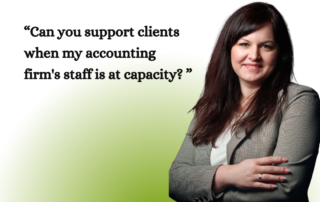 An image featuring the text "Imperial Q&A" at the top. A woman with dark hair, wearing a blazer, stands with her arms crossed and smiles on the right. On the left is the question: "Can you support clients when my accounting firm's staff is at capacity?" At the bottom is the Imperial logo, email (anastasia@imperial-texas.com), and phone number (713-970-1163).